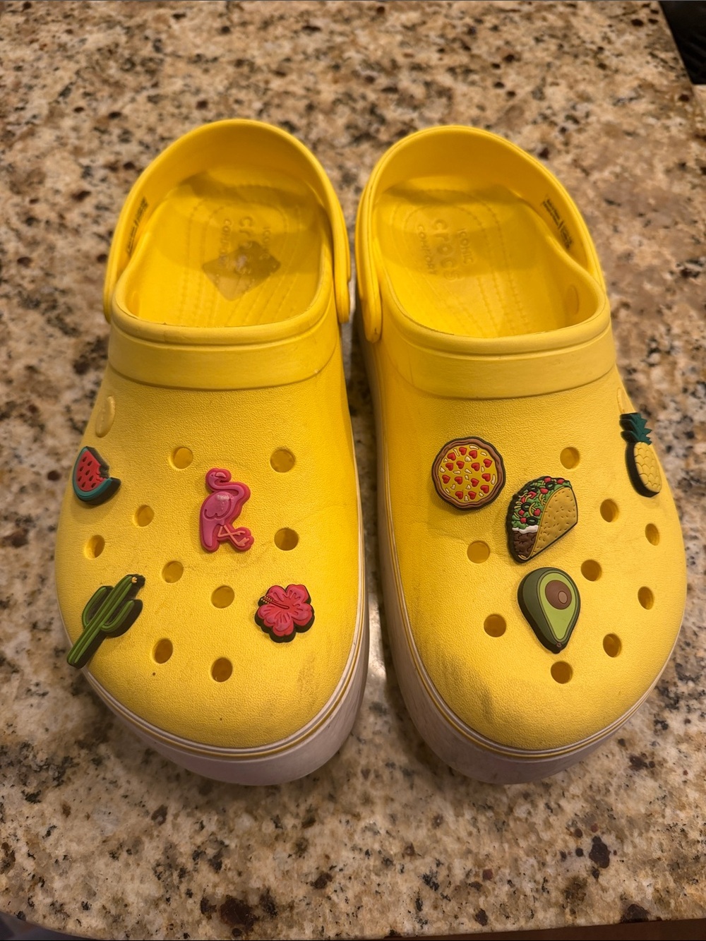 CROCS Yellow Clogs with Fun Food & Tropical jibits